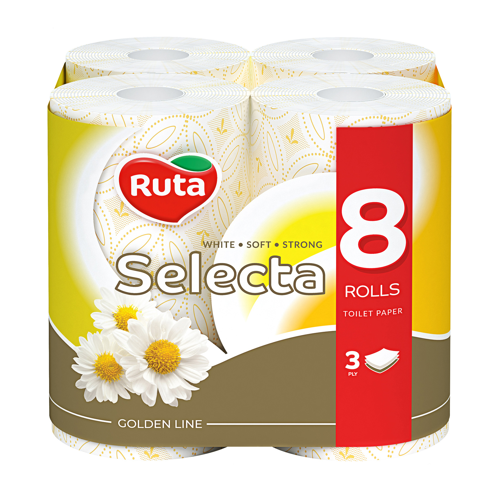 Туалетний папір RUTA Selecta білий, з ароматом ромашки, 3-шаровий, 150 відривів, 8 рулонів